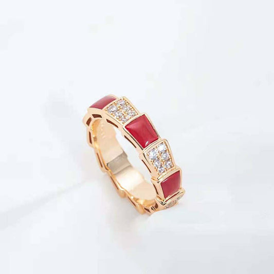 LUXEIFY SERPENTI RING PINK GOLD CARNELIAN DIAMOND PAVED 4MM