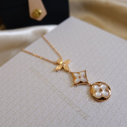LUXEIFY COLOR BLOSSOM LARIAT NECKLACE PINK GOLD WHITE MOTHER PEARL AND DIAMOND