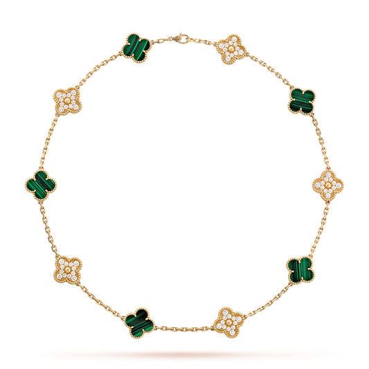 CLOVER 10 MOTIFS MALACHITE DIAMOND NECKLACE