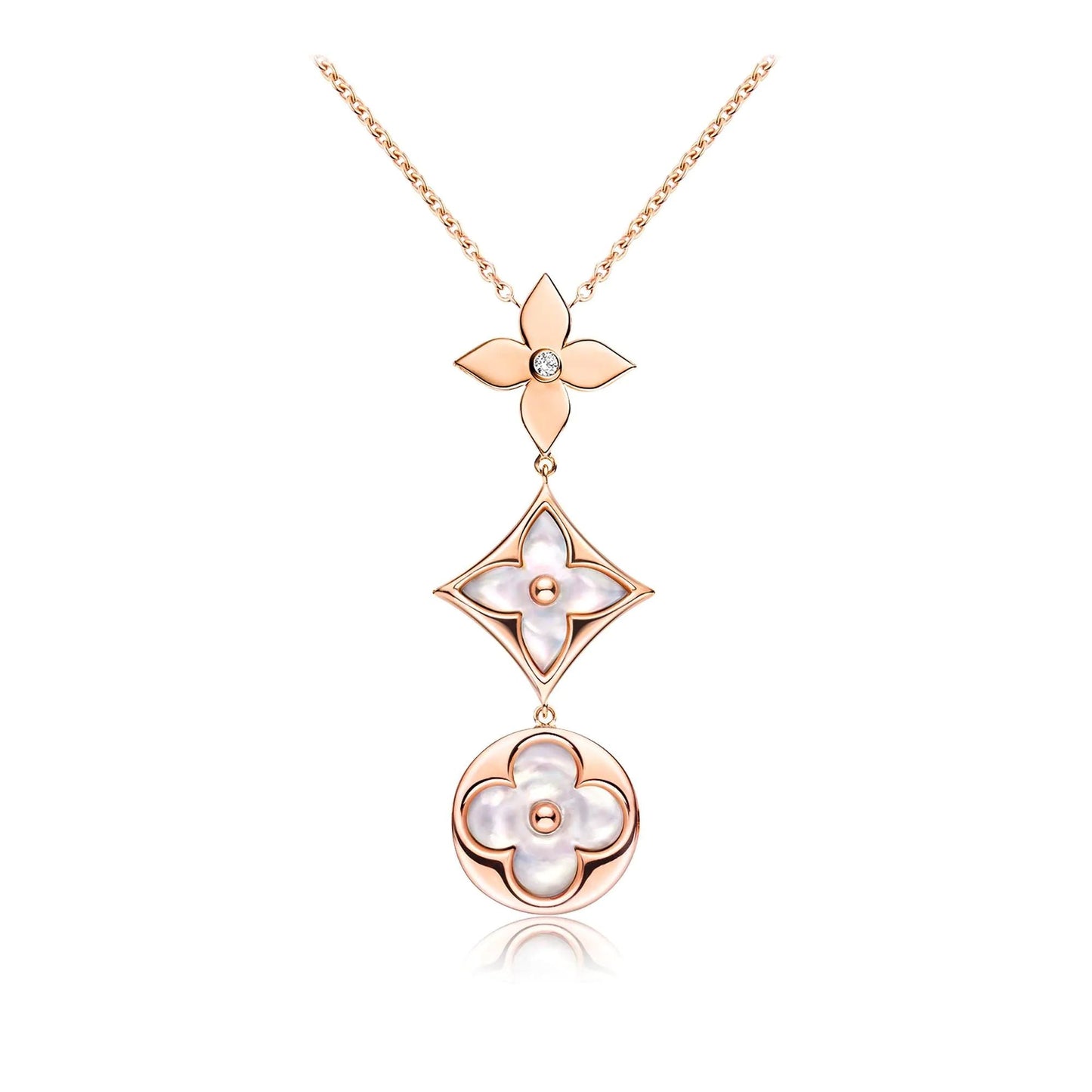 LUXEIFY COLOR BLOSSOM LARIAT NECKLACE PINK GOLD WHITE MOTHER PEARL AND DIAMOND