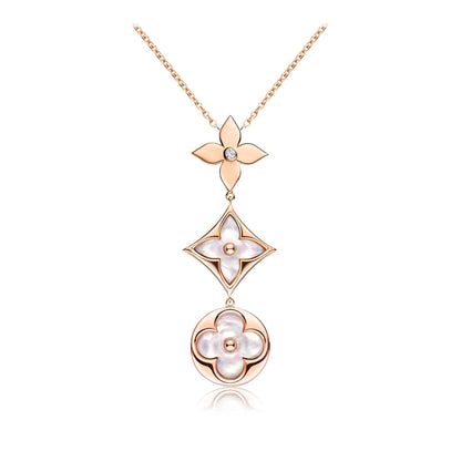 LUXEIFY COLOR BLOSSOM LARIAT NECKLACE PINK GOLD WHITE MOTHER PEARL AND DIAMOND