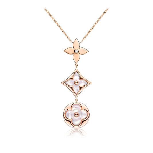 LUXEIFY COLOR BLOSSOM LARIAT NECKLACE PINK GOLD WHITE MOTHER PEARL AND DIAMOND